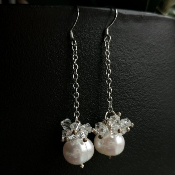 Sterling silver crystal dangle drop earrings white freshwater pearl 🆕 - Picture 1 of 6